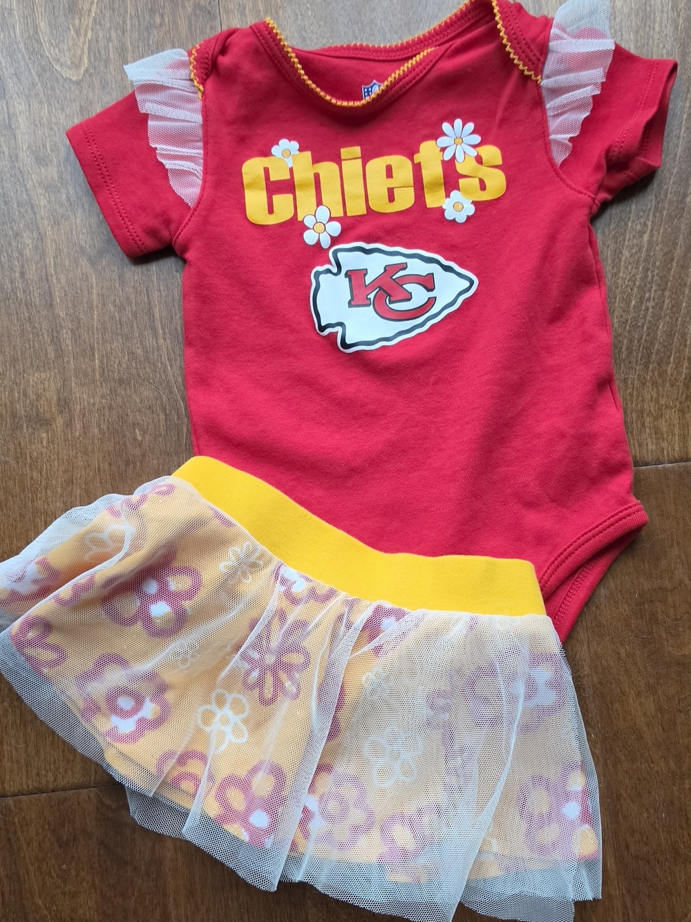Kansas City Chiefs Infant Red Logo Bodysuit with Yellow Floral Tulle Skirt 18m